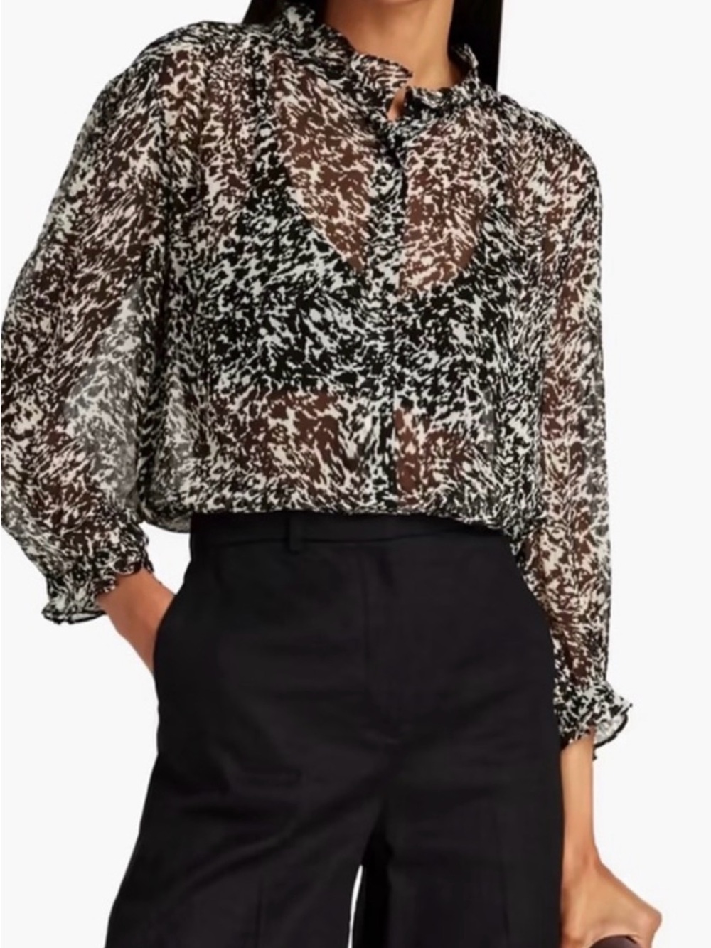 ba&sh Black and White Sheer Printed Blouse